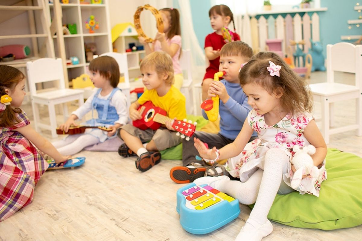 Kindergarten children with musical instruments at a Preschool & Daycare Serving North Hollywood & Santa Monica, CA